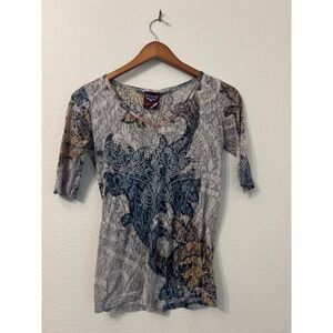 Avangard USA Top Medium Rhinestone Embellished Floral Print 3/4 Sleeve‎